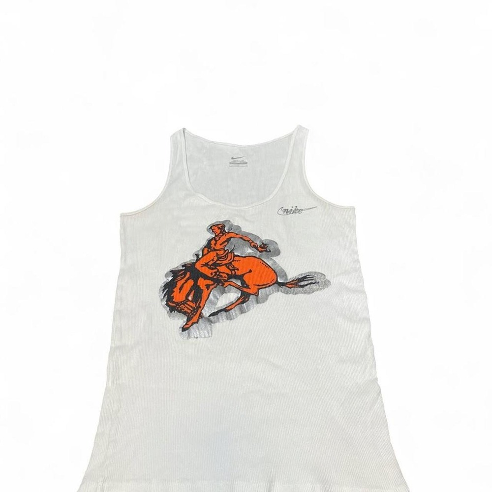 Nike white tank top with orange OSU rodeo rider graphic